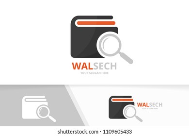 Vector wallet and loupe logo combination. Purse and magnifying symbol or icon. Unique finance and search logotype design template.