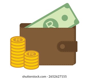 Carteira de vetor com moeda rand sul-africana e pilha de moedas, design financeiro perfeito para a economia africana, interface bancária, ou visuais fintech