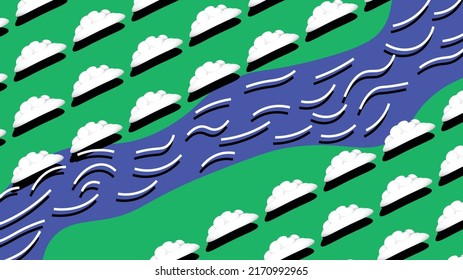Vector wallpaper in 3D style. View from above. Clouds floating in the sky and casting a shadow on the grass below. River with simple ripples. Nature, wild nature, environment, spring, landscape, view.