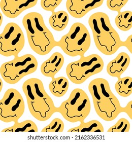 Papel de pantalla en estilo retro de los años 70. Patrón sin foco con sonrisa distorsionada amarilla. Groovy hippie psicodélico fondo.