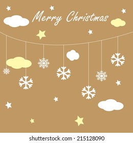 Vector wallpaper background with hanging clouds, stars and snowflakes/ christmas card