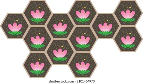 vector wallpaper background hexagon colorful simple seamless with pink lily flowers and green leaf 2D 3d 