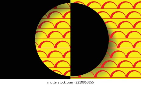 Vector wallpaper. In the background, a yellow area filled with red arches. In the foreground, a black rectangle with a semicircular cutout. A semicircle cutout placed next to a rectangle.