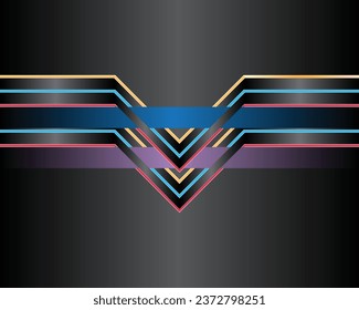 vector wallpaper in black and gray with colored lines consisting of yellow, blue, red which form a sharp angle like an arrow pointing downwards and two horizontal squares in purple and dark blue
