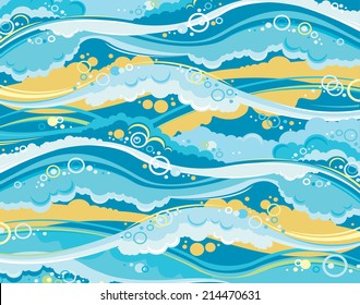 Vector wallpaper with blue waves and foam. Cartoon sea.