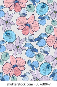 Vector wallpaper with colored orchids on a gray background
