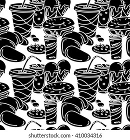 Vector wallpaper in comic cartoon style. Seamless pattern with pastry, sweets and soft drinks. Funny illustration of croissant, cookie, ice-cream, beverages, donut, etc.