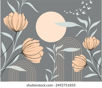 Fondo de pantalla de Vector compuesto por dibujos abstractos de flores y hojas sobre fondo gris