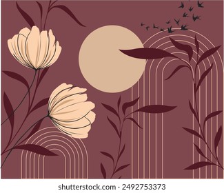 Fondo de pantalla de Vector compuesto por dibujos abstractos de flores y hojas sobre fondo marrón