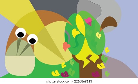 Vector wallpaper in cubist style. Surreal wallpaper. Autumn tree with falling leaves. A snail next to a tree. Cubism, pastel colors. Geometric shapes. Autumn, leaves, snails.