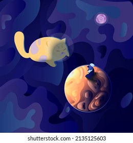 Vector wallpaper describe el concepto de La niñita que ve a un amigo gato de la estrella del gato en su mundo de fantasía.