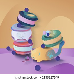 The vector wallpaper describes The concept of The little girl and The cats buddy are eatting sweet macarons on The Cat Star background.