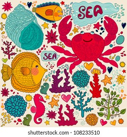 Vector wallpaper with fish, fun crab and marine life