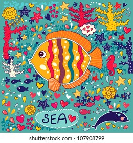 Vector wallpaper with fish and marine life