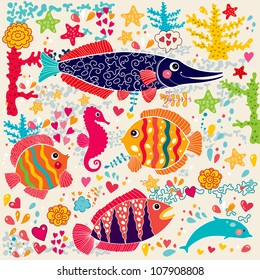 Vector wallpaper with fish and marine life