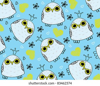 Vector wallpaper with funny cartoon owl on a blue background
