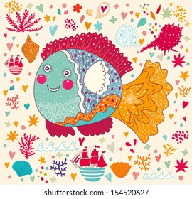 Vector wallpaper with funny fishes
