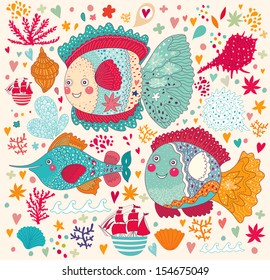 Vector wallpaper with funny fishes