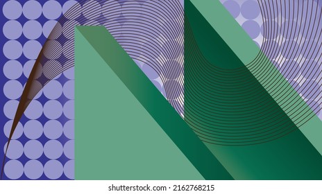 Vector Wallpaper With Geometric Shapes. Background Fill Of Blending Blue Circles. As The Main Object, Two Identical Walls In Brown. Everything Is Complemented By A Wave Of Lines Stretching Across The 