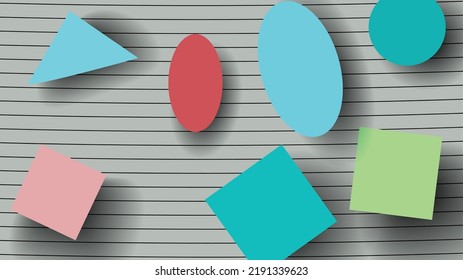 Vector wallpaper with geometric shapes floating over striped paper. Horizontal lines. Square, oval. Objects in different pastel colors. Shading.