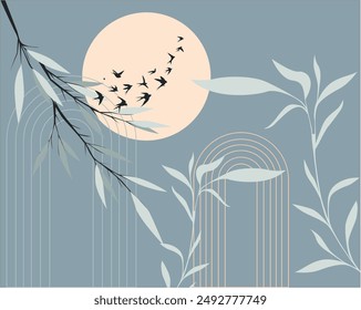 vector wallpaper illustration of swallows flying among tree branches on spontaneous color