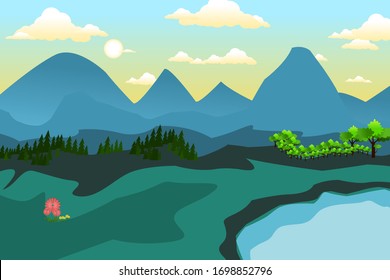 Vector wallpaper with a landscape, Large mountains, forests and small rivers