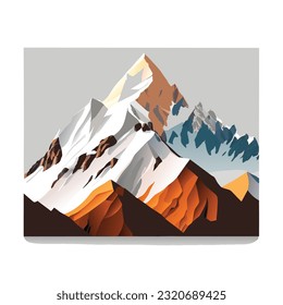 Vector wallpaper with a landscape, a mountain majestic mountain range with snow-capped peaks and sprawling glaciers, poster art , richly colored skies.