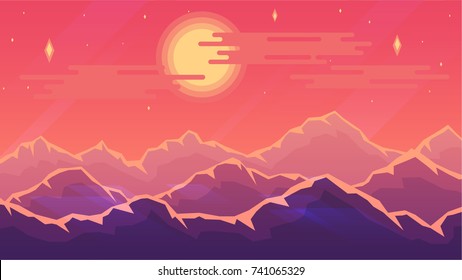 Vector wallpaper with a landscape, a mountain range, sunset