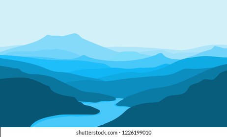 Vector wallpaper with a landscape, mountains and river