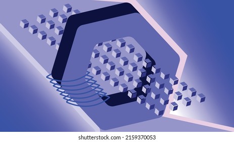 vector wallpaper. Large hexagon in 3d illustration. The center of the object without fill. The hexagon passes through an area composed of cubes. On the left side of the object hoops. Desktop backgroun