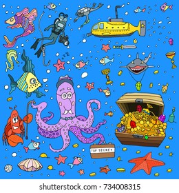 Vector wallpaper mosaic pattern with submarine, fish personages, octopus, diver, seashells, pearl, crab, jewelry, treasures in sea or ocean. This hand drawn design elements over blue background.
