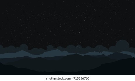 Vector wallpaper with a night landscape, a mountain range and sky in stars
