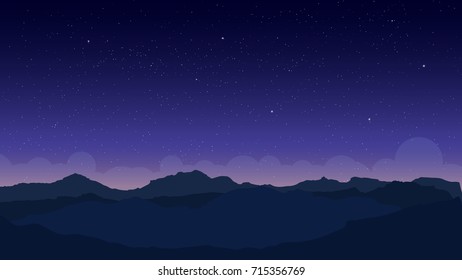 Vector wallpaper with a night landscape, a mountain range and sky in stars