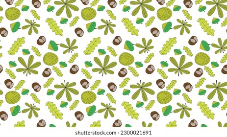 Vector wallpaper with oak and chestnut leaves. Autumn fruits. Chestnuts and acorns. Autumn color palette. Autumn vector wallpaper. Colorful leaves, autumn, hand drawing, sketch, repeating pattern fill