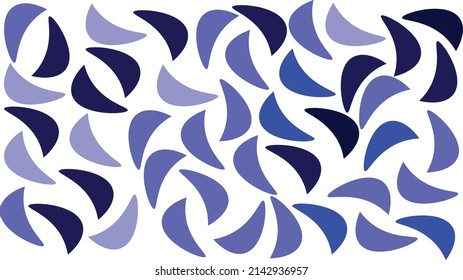 Vector wallpaper with objects in different shades of blue on a white background. Objects distributed over the entire area. A shape resembling a slice of orange. Pleasant soothing background.