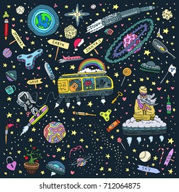 Vector wallpaper pattern, aliens, stars, planets, spaceships, rockets, cosmonauts, spinner fidget toy, heaven, scape, sky, hand drawn design elements, dark background.The texture template is repeated