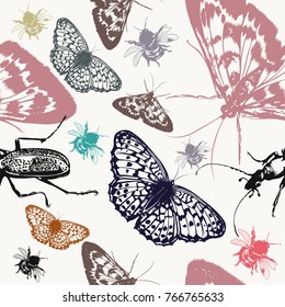 Vector wallpaper pattern with detailed insects in vintage style