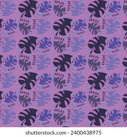 Vector wallpaper with pattern fill. Pattern made of monstera leaves and branches with leaves. Plant, leaves, nature, natural. Shades of blue. Repeating pattern fill.