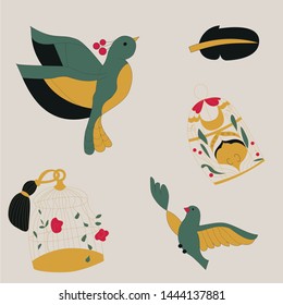 vector wallpaper pattern with vintage birds and golden cages isolated on beige background