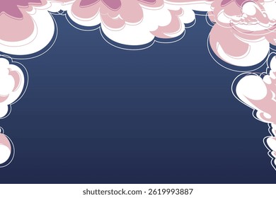 Vector wallpaper of pink and white clouds floating on a dark blue sky gradient. Ideal for dreamy, or kids themed background and creative design projects.