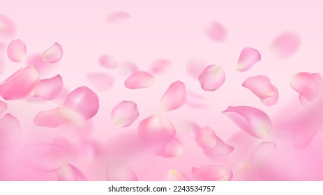 Vektorhintergrund mit realistischen Rosenblättern. Nahaufnahme. Vorlage fliegender voluminöser unscharfer rosafarbener Sakurenblätter mit unscharfem Effekt. Frühlingsflorale Illustration auf Hintergrund, Banner, romantische Grußkarte