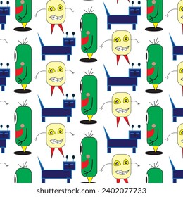 Vector wallpaper with repeating pattern. Children's motif with monsters. Multicolored monsters. Cheerful children's motif, repeating pattern. Children's clothing, fabric and accessories.