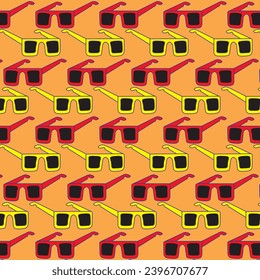 Vector wallpaper with repeating pattern. Repeating pattern, colorful, trendy. Fashion accessory, style. Sunglasses in red and yellow colors on an orange background. Style, Fabric, Summer, Sunglasses