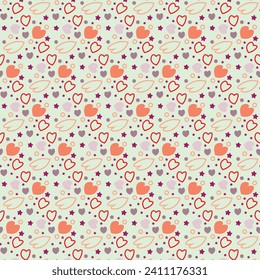 Vector wallpaper with repeating pattern. Desktop wallpaper with pattern fill with hearts and stars. Romantic repeating pattern. Hearts, stars. Different colored little hearts.