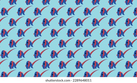 Vector wallpaper with repeating pattern. Wallpaper pattern fill. Repeating pattern in the shape of a sea fish. Colorful, blue color. Blue fish with red stripes. Background. textures, packaging, fabric