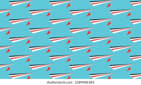 Vector wallpaper with repeating pattern. Wallpaper with a white sports boat. Geometric representation. boat, motorboat, means of transport. Boat in white color with red stripe and flag.