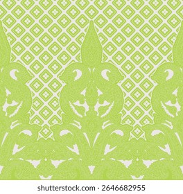 Vetor papel de parede sem emenda Mughal amarrado padrão de damasco de rede de peixe em fundo verde.