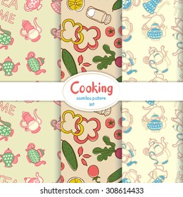 vector Wallpaper set of seamless patterns with images of kitchen utensils and vegetables