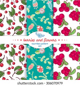 vector Wallpaper set, set of three seamless pattern on the theme of flowers and berries