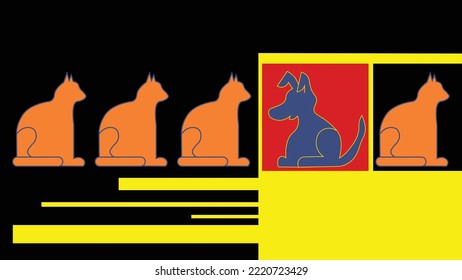 Vector wallpaper. Silhouettes of cats in a line. Among the cats, one dog looking the other way. Different, different, exceptional, contrast, exclusive. Black yellow background.